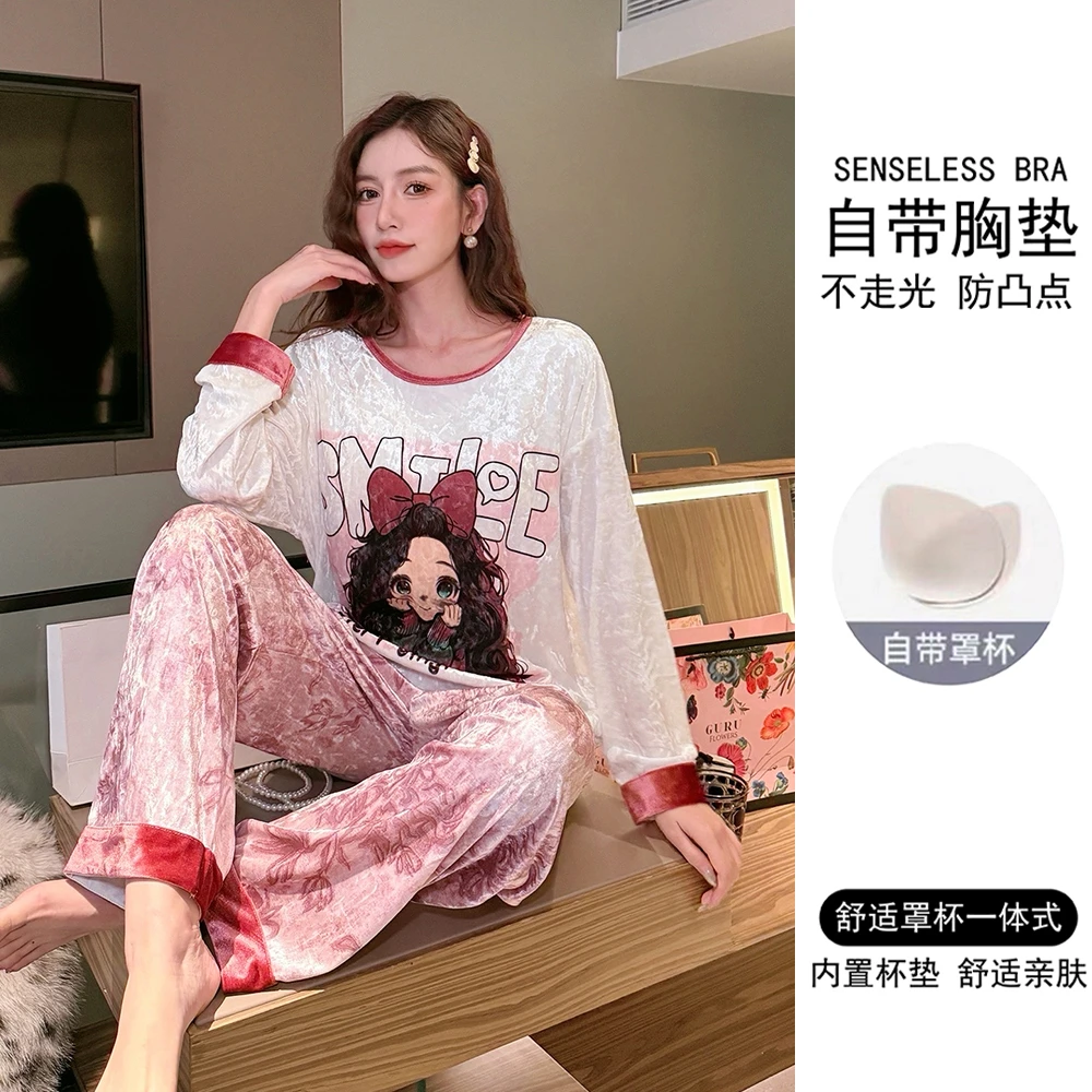 带胸垫2025年新款金丝绒睡衣女春秋季长袖可爱卡通秋冬家居服套装