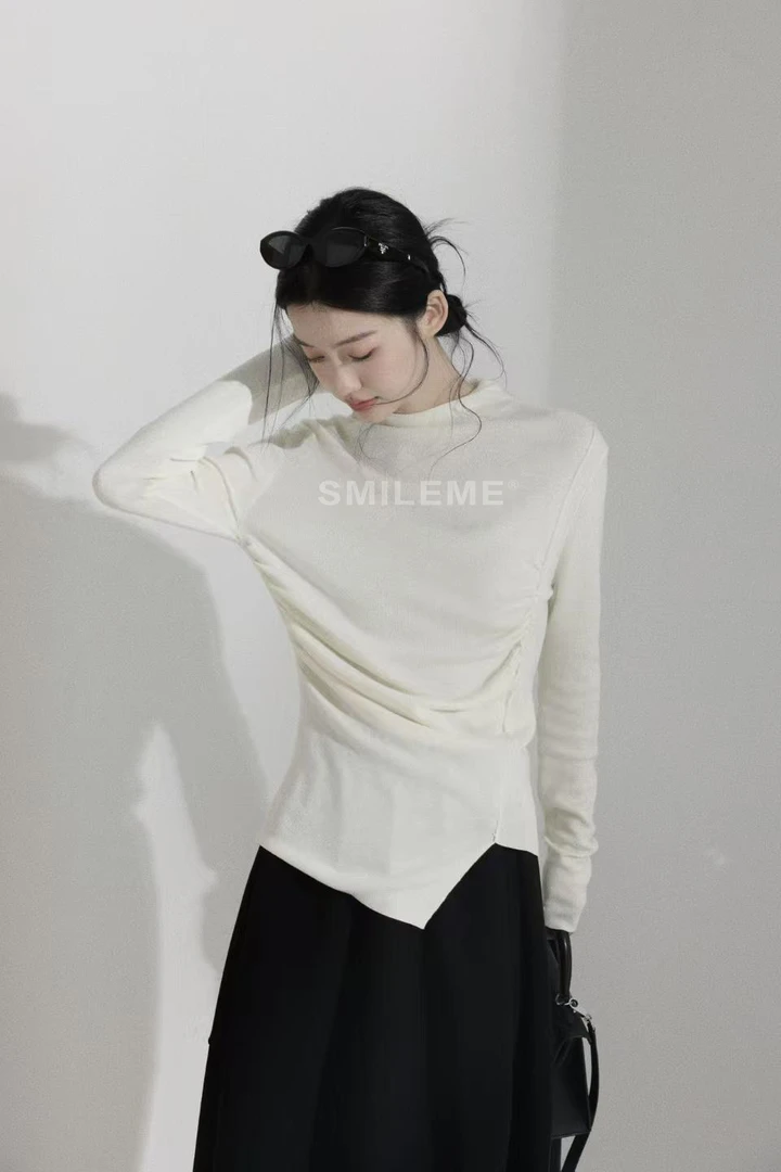 3-SMILEME【简妮】桑蚕丝羊毛混纺不规则设计保暖上衣MK15625412