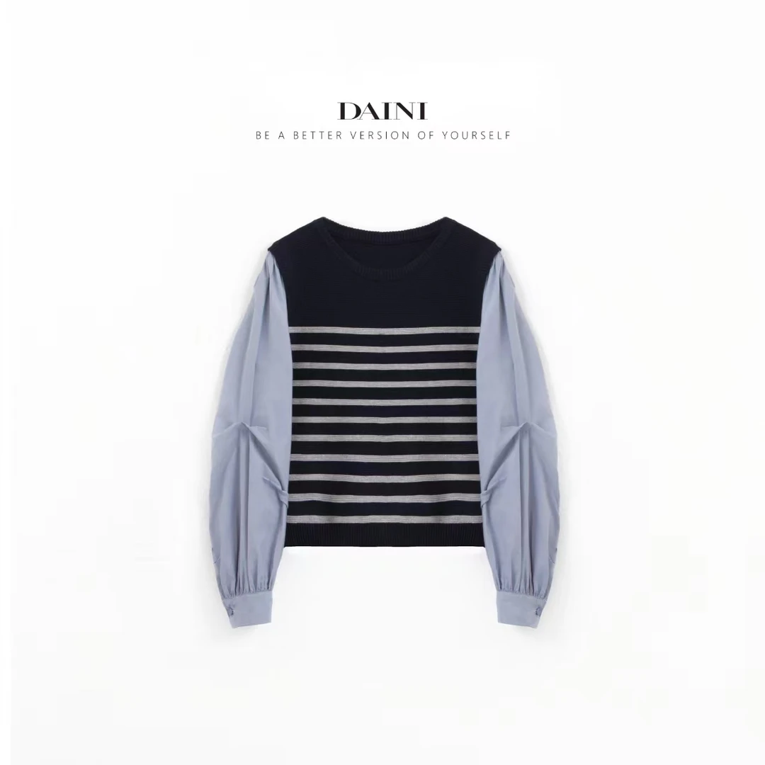 【条纹定律】秋季圆领拼接假两件灯笼袖针织衫休闲百搭套头线衫