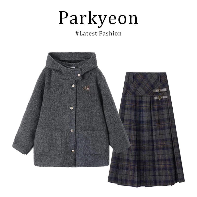 【现货秒发】学院风韩系套装女灰色毛呢外套半身裙小个子显瘦两件套