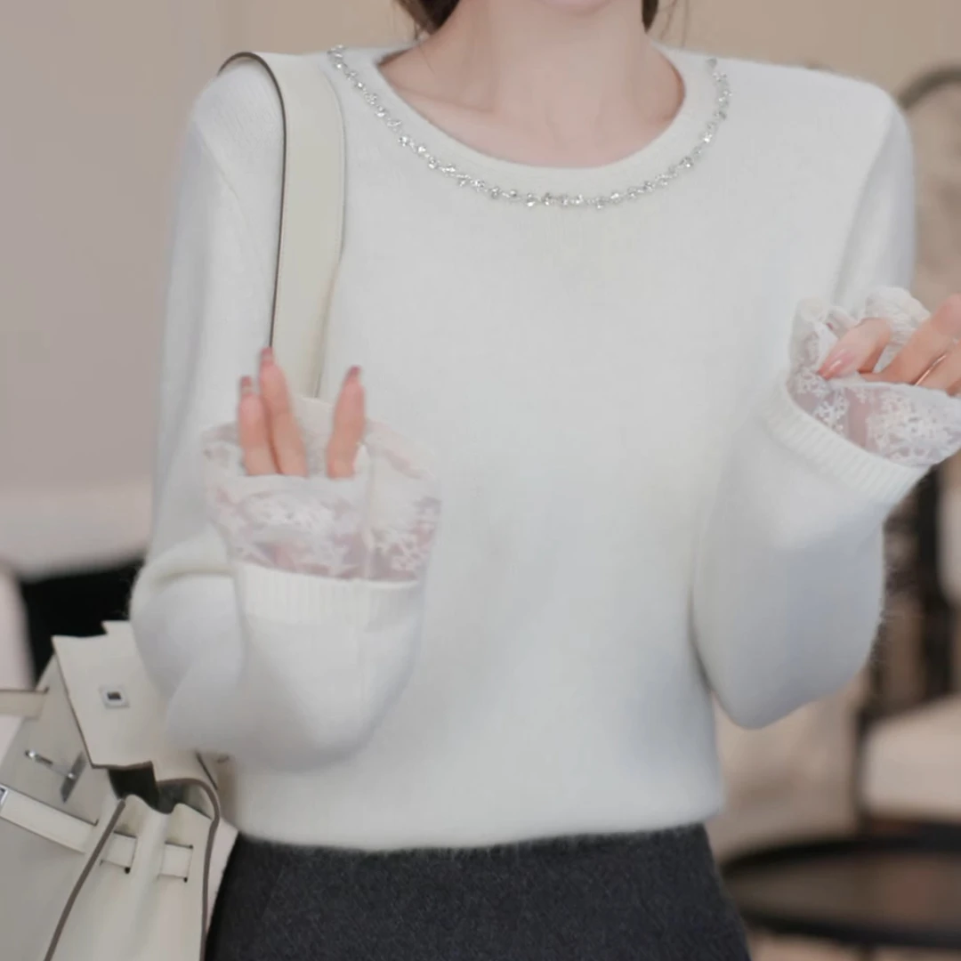 冬季韩版氛围感减龄重工领边水钻蕾丝袖口长袖针织上衣LK2501017