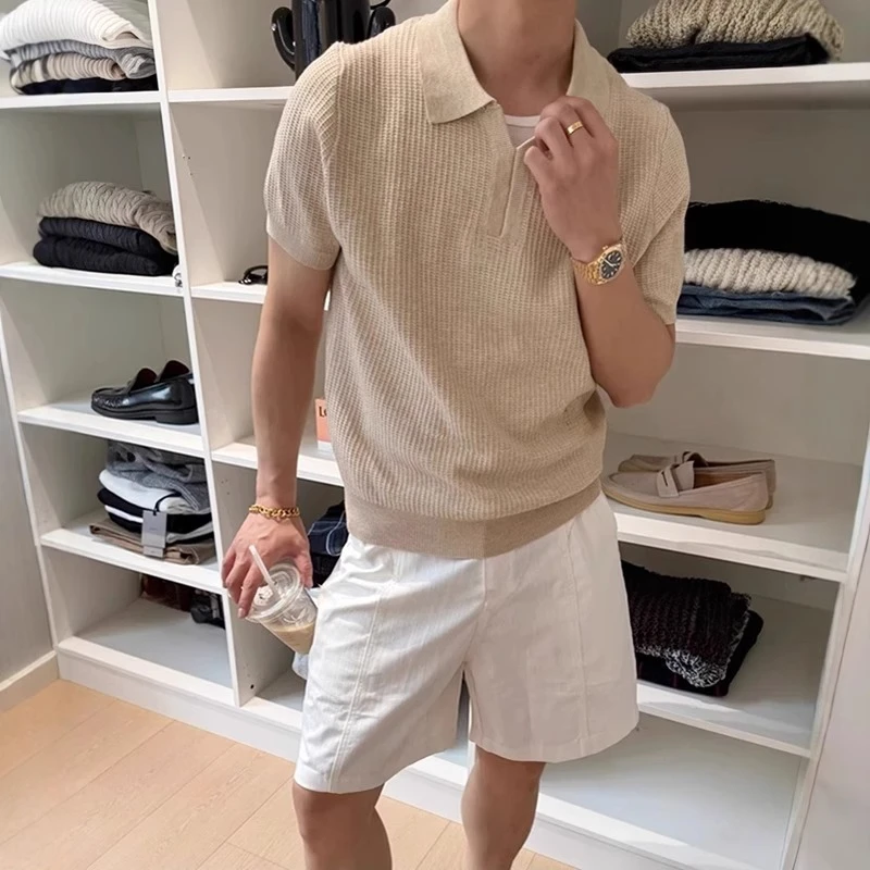 老钱风海鸥v领针织衫短袖男夏季polo衫半袖T恤高级肌理感软糯上衣