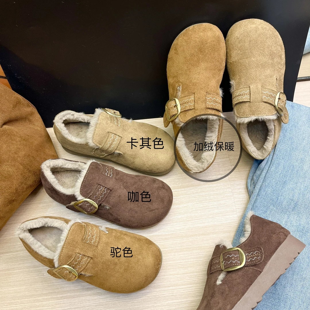 炸街勃肯鞋女冬季新款加绒保暖乐福鞋防滑厚底棉鞋一脚蹬毛毛鞋
