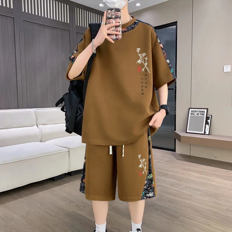 新中式国风短袖t恤男夏季刺绣休闲运动套装男青少年一套搭配帅气