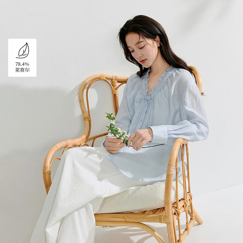 【双12提前购】茵曼夏季莱赛尔法式防晒衬衫女通勤设计感长袖空调衫