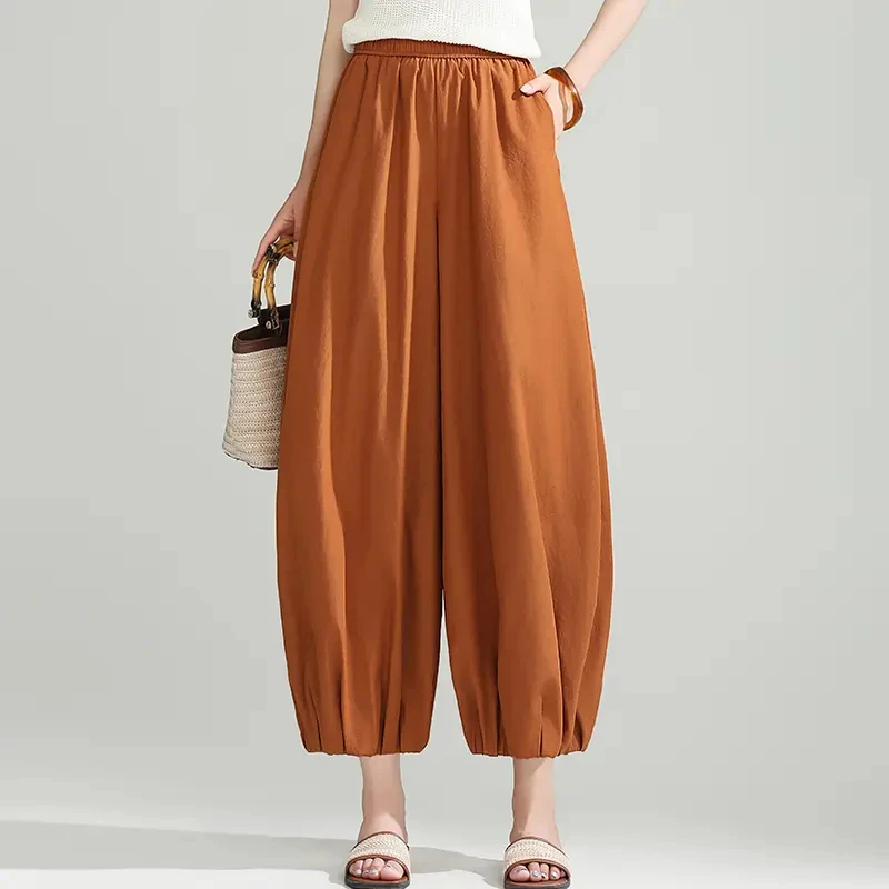 拉夏贝尔南瓜色女夏季薄款2025新款百搭透气灯笼裤九分阔腿束脚裤
