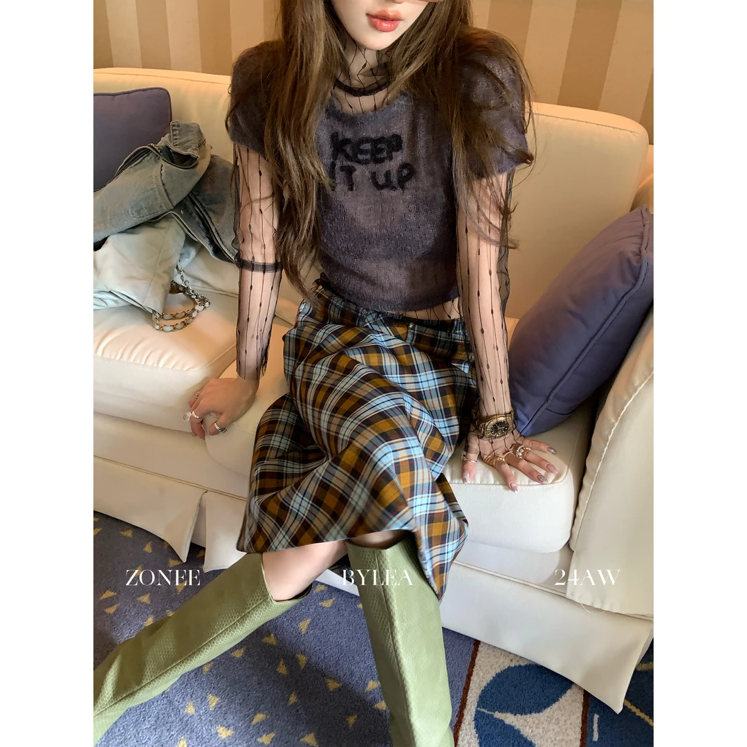 ZONEE 一起变时髦 法式复古时髦马海毛羊毛字母刺绣深灰针织上衣