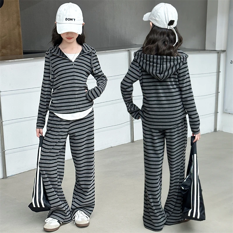 女童套装韩系秋装假两件条纹连帽上衣2025新款中大童运动裤两件套
