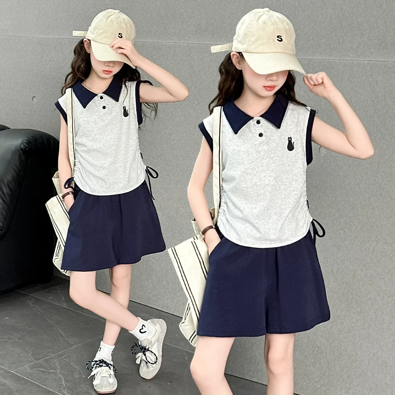 女童夏季套装2025新款洋气儿童夏装休闲POLO衫短袖短裤大童两件套