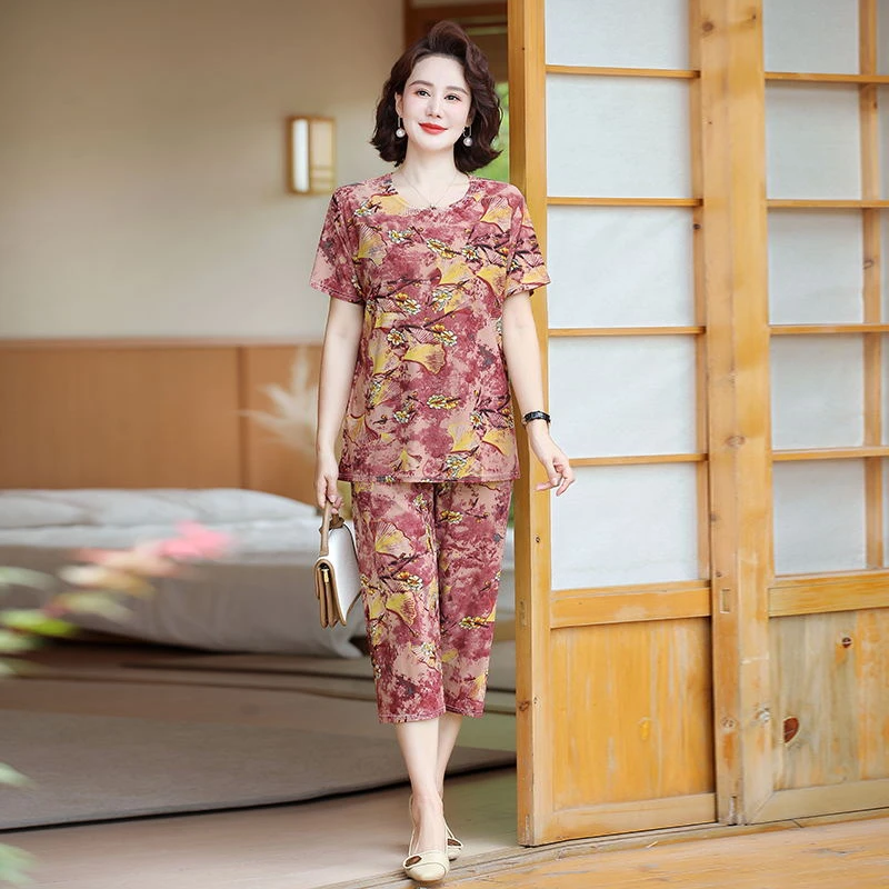 夏季宽松休闲新款冰丝妈妈套装气质印花中老年