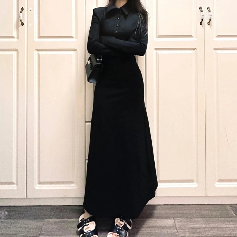黑色长袖polo领气质收腰连衣裙新女早秋衬衫长裙打底内搭修身显瘦