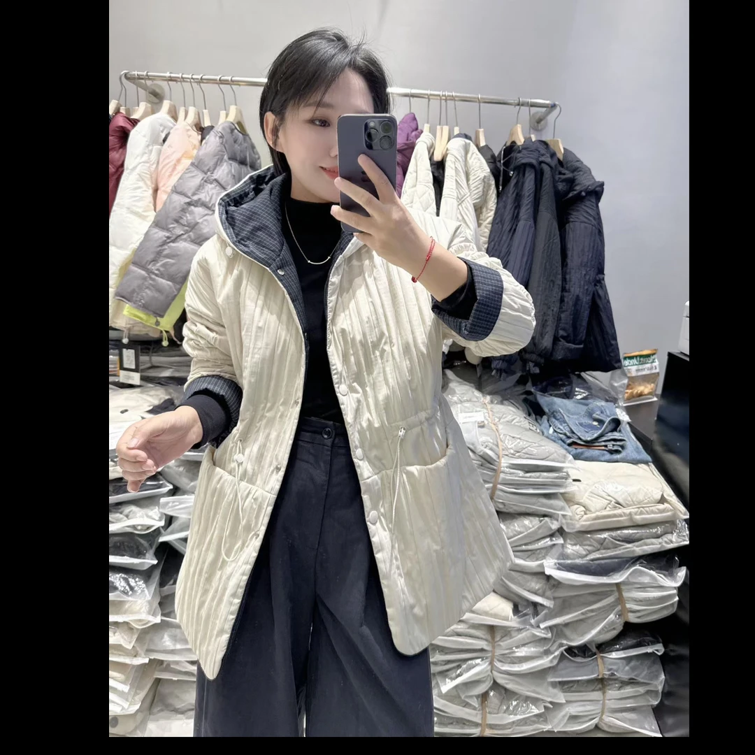 22.欧货格子拼接连帽夹棉外套9860款衣长约74