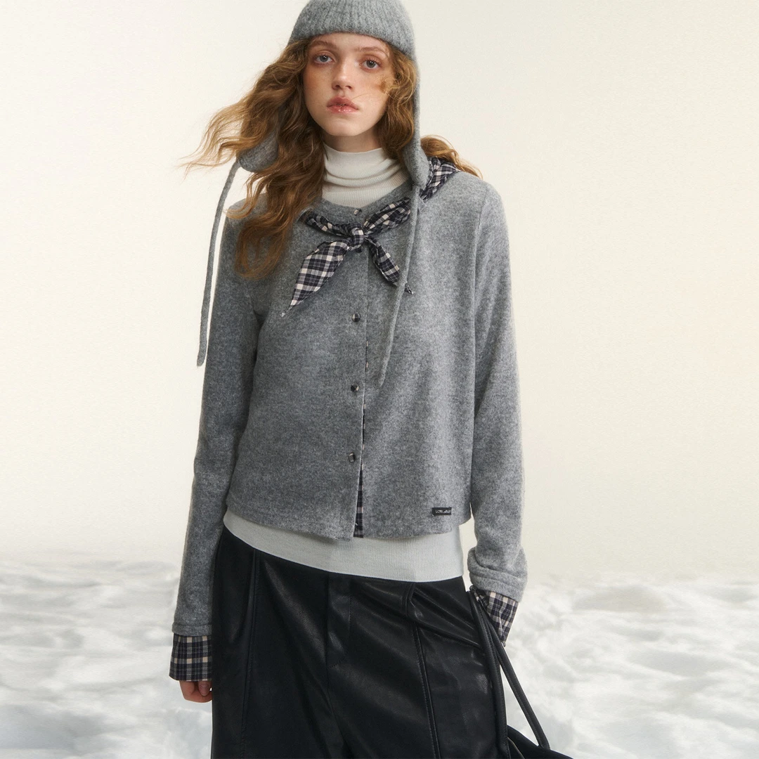 AsGony格子拼接绑带毛衣开衫