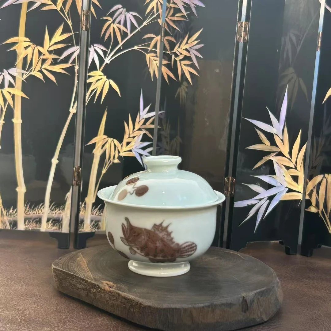 「茶予物」釉里红手绘鳜鱼青花盖碗
