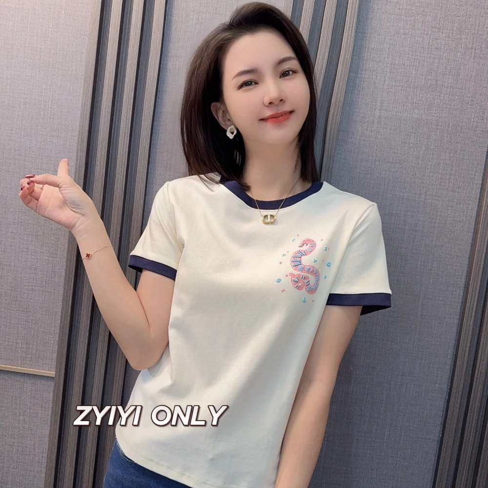 【笔走龙蛇】2025春夏新款短袖T恤修身清新印花休闲百搭上衣女