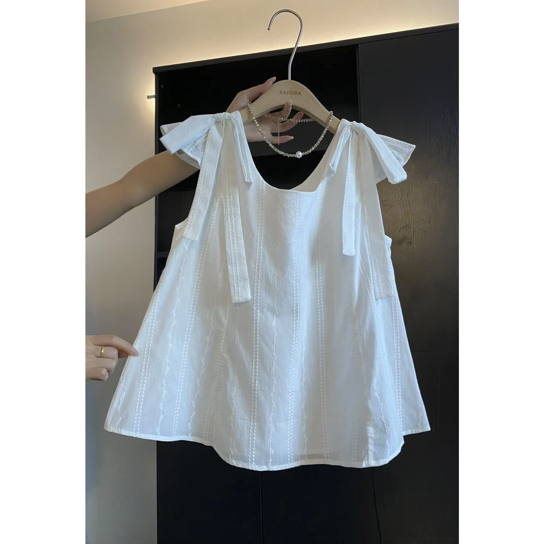 璎婲sᴀᴋᴜʀᴀ【梨木苏里】媛韩版纯色气质百搭重工刺绣绑带小飞袖衬衫