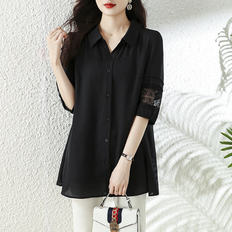 中长款黑色衬衫女士遮屁股2025夏季新款大码宽松遮肚蕾丝雪纺上衣