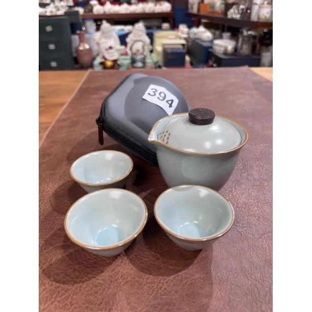 394汝窑黑实木盖钮一壶三杯旅行茶具