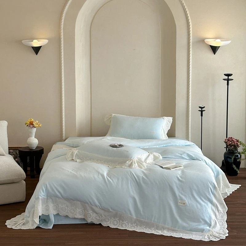 A类裸睡纯棉法式双层纱公主风儿童婴幼儿全棉被套纯色床单四件套