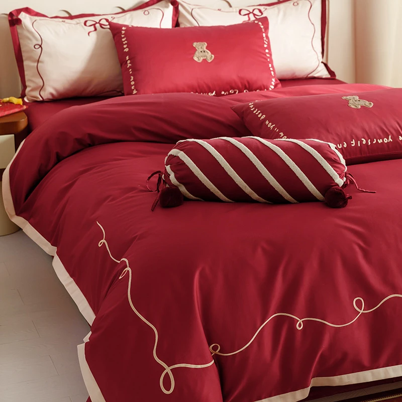 新婚庆100支长绒棉结婚四件套全棉高级感红色刺绣婚嫁喜被床品