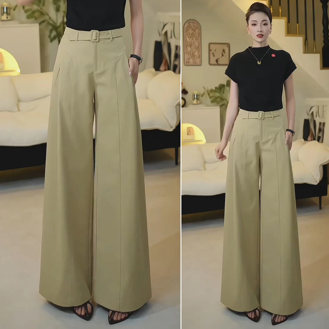 卡其色气质简优2025秋季新款高腰阔腿裤遮肉裙裤抗皱垂感长裤女