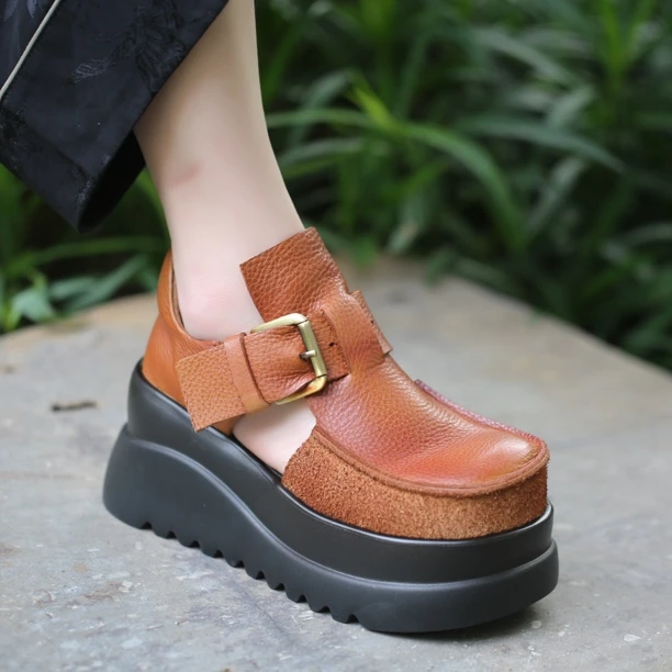 广州头层牛皮松糕厚底小个子增高高端休闲皮鞋凉鞋2802-6偏大一码