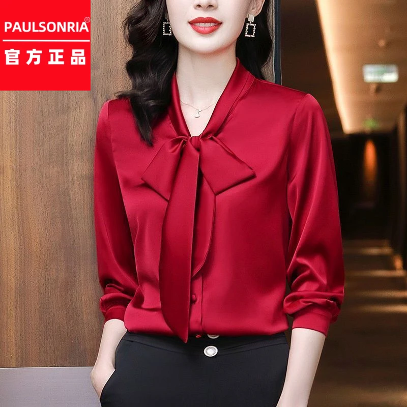 保罗服红色气质蝴蝶结飘带缎面衬衫女长袖春秋新款系带衬衣