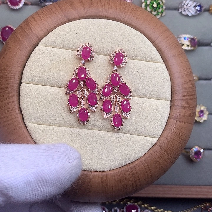 耳饰银S925镶嵌红宝石