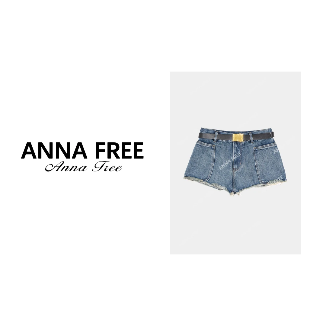 ANNA FREE【工笔蓝风铃】复古时尚毛边牛仔裤显瘦显腿长含腰带24187