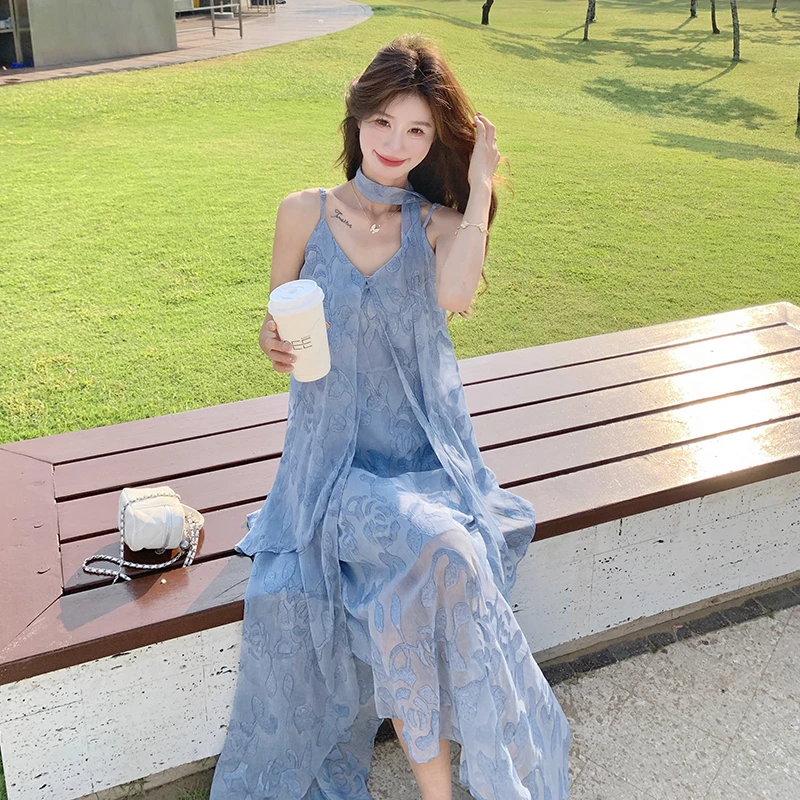 621-630 长裙纯色A字裙吊带V领法式连衣裙甜美（非主图款）