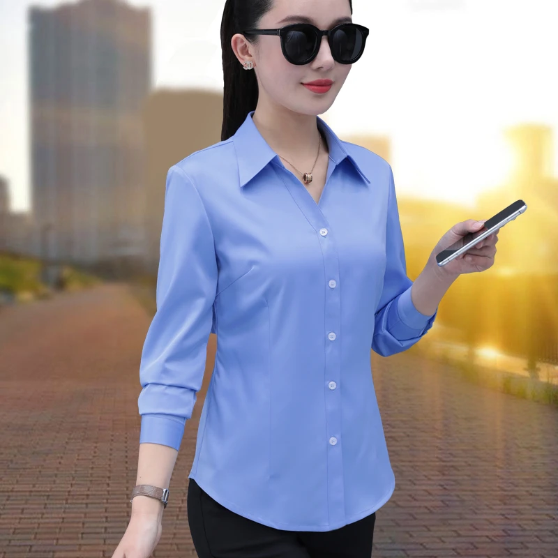 职业v领衬衫女长袖春季新款气质百搭工装正装工作服免烫面试衬衣