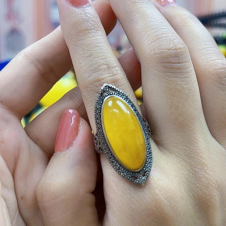 琥珀银S925镶嵌颈饰戒指