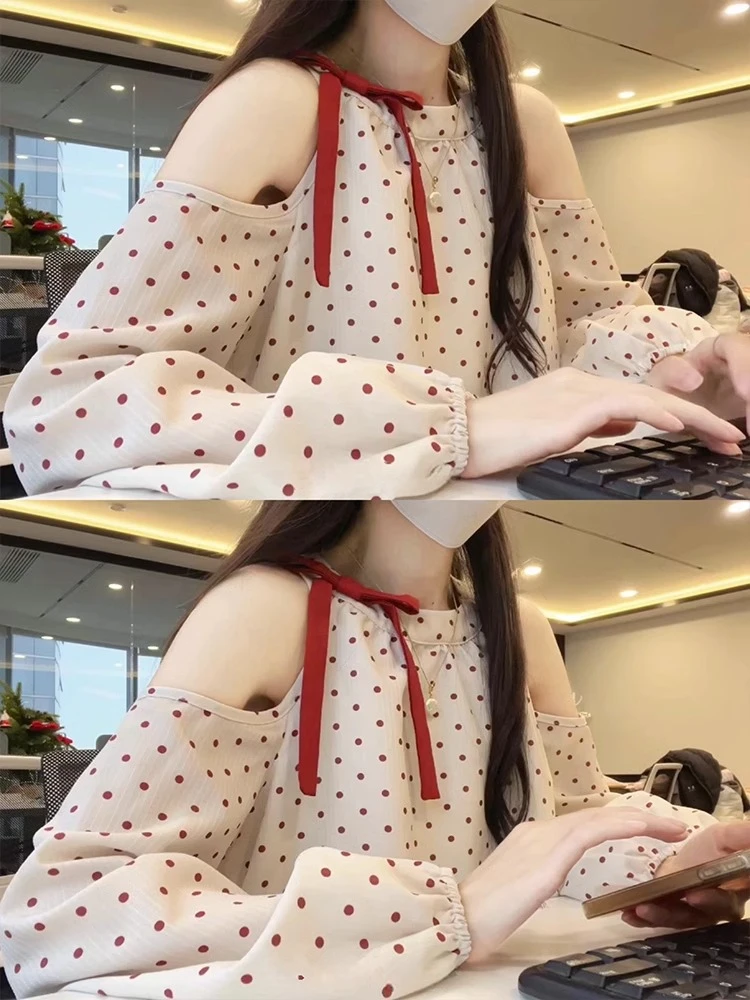 蝴蝶结露肩波点衬衫女高级感轻奢减龄春季流行穿搭上衣设计感小众