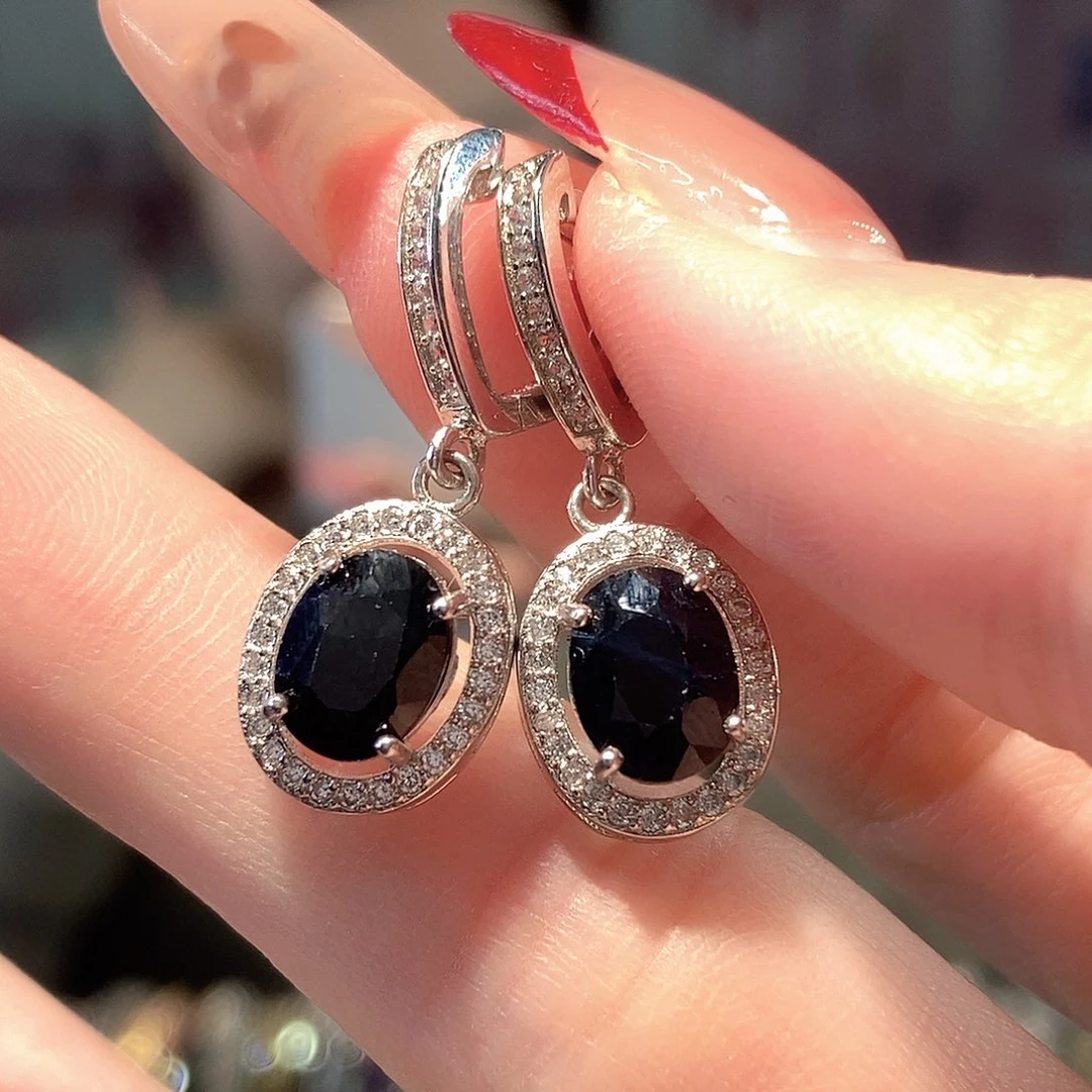 蓝宝石耳饰银S925镶嵌婉*?