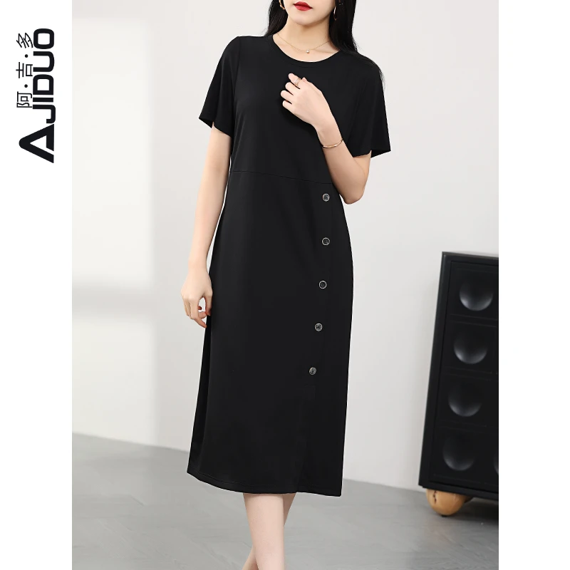 阿吉多短袖连衣裙高级感2025女新款夏季简约小黑裙短袖t恤裙子