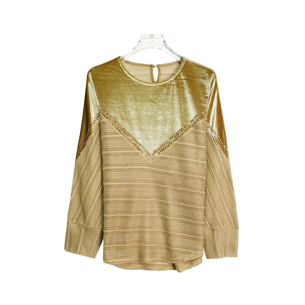 设计感圆领宽松亮片烫钻镂空长袖洋气打底上衣X2534