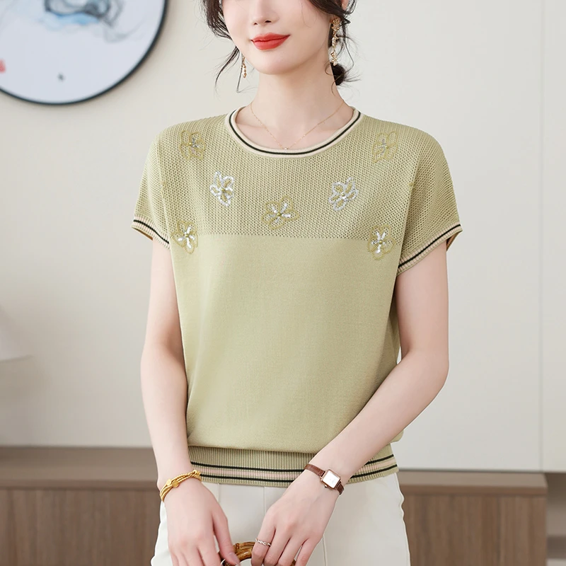 提花冰丝上衣女夏季好看洋气短袖针织衫2025新款妈妈夏装t恤减龄