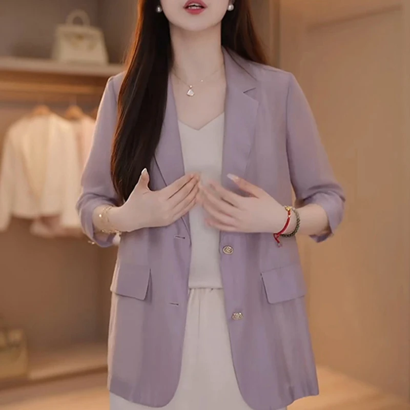 时尚中式国风独特纯色百搭西装外套女2025春季小众七分袖气质上衣