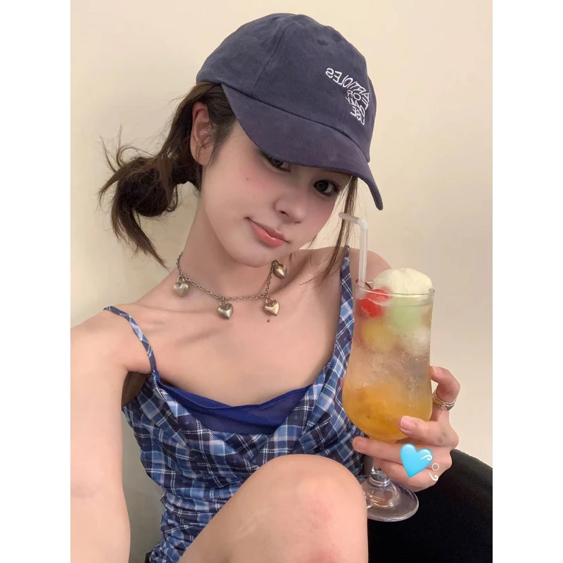 THREE GOOOD/三吉蓝调时光格子拼网纱连衣裙 DQ240118