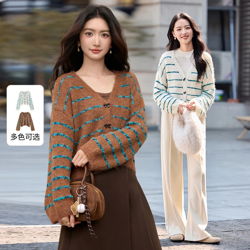 尚都比拉时尚V领撞色蝴蝶结宽松含绵羊毛弹力厚保暖开衫毛衣B4846