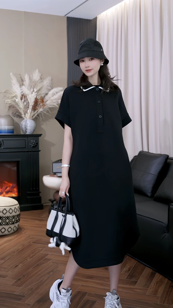 设计师原创【小葡萄】夏季时尚简约宽松舒适POLO领连衣裙Z251004