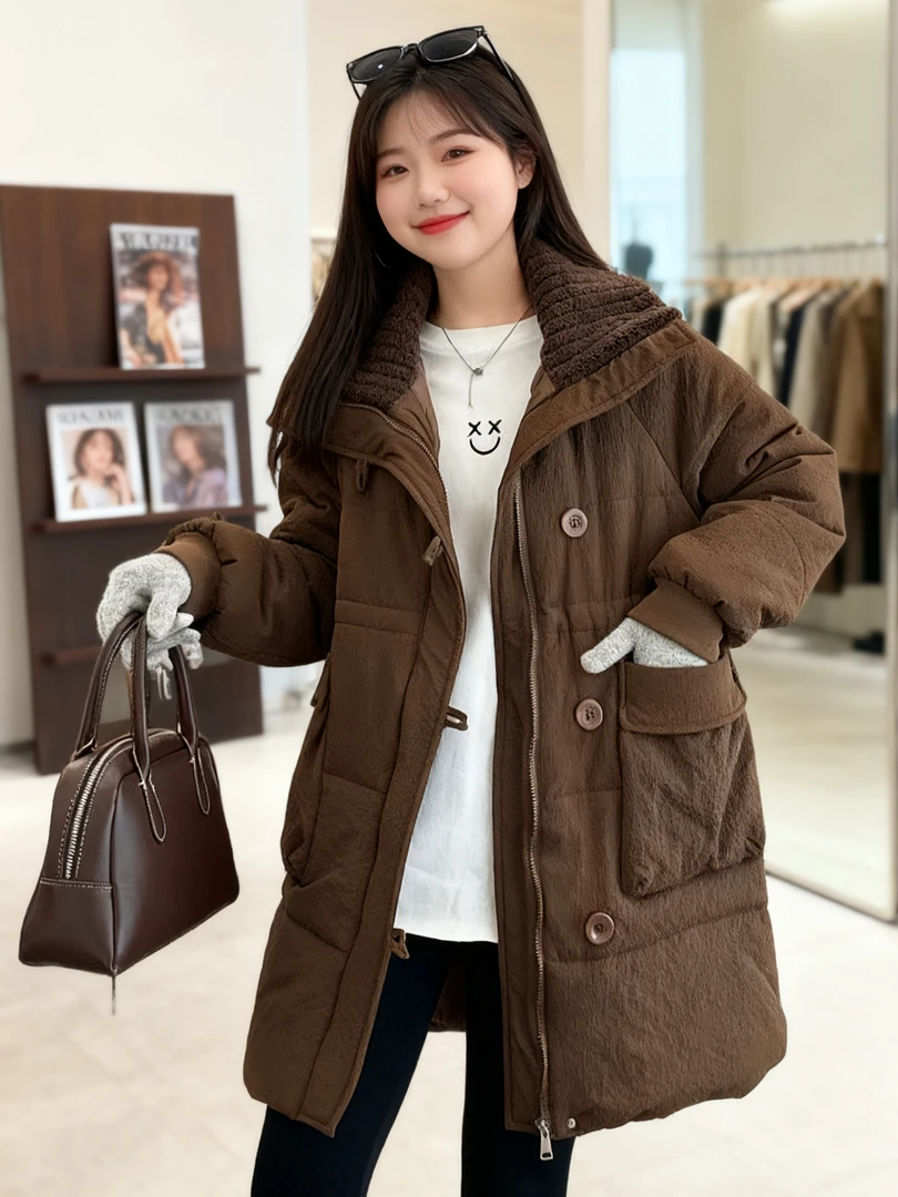 大码女装 胸114-138 中长款毛毛领大口袋棉衣276#