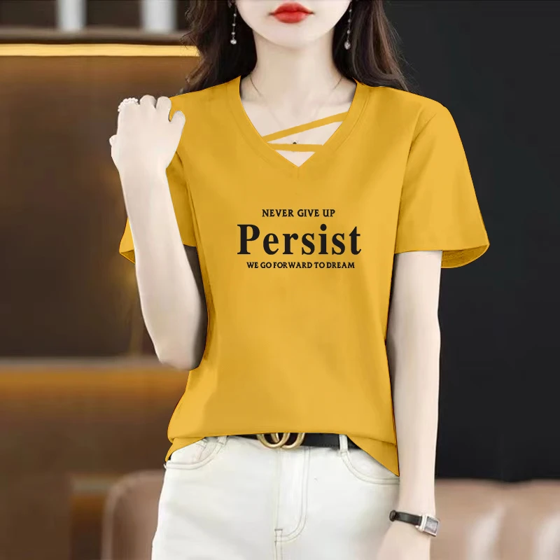 2025新款V领时尚短袖百搭设计纯色印花上衣爆款宽松显瘦女体恤衫