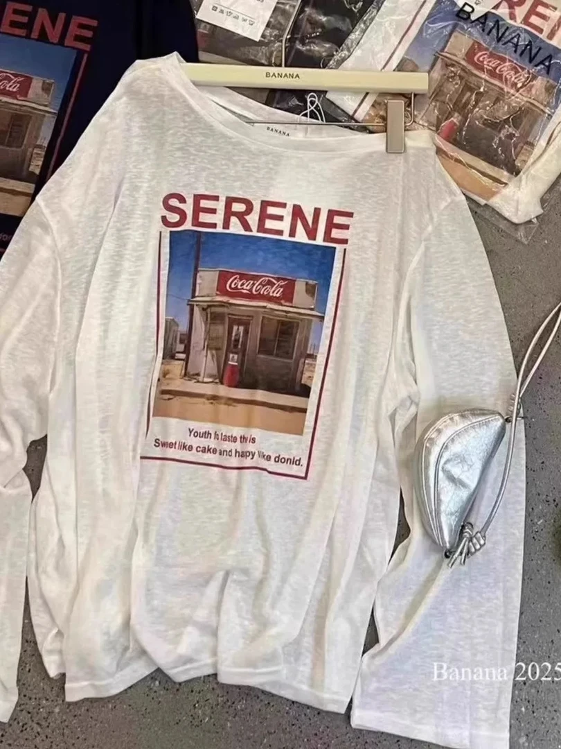 花生酱 东大门秋季新款美式复古印花宽松薄款防晒斜肩长袖T恤