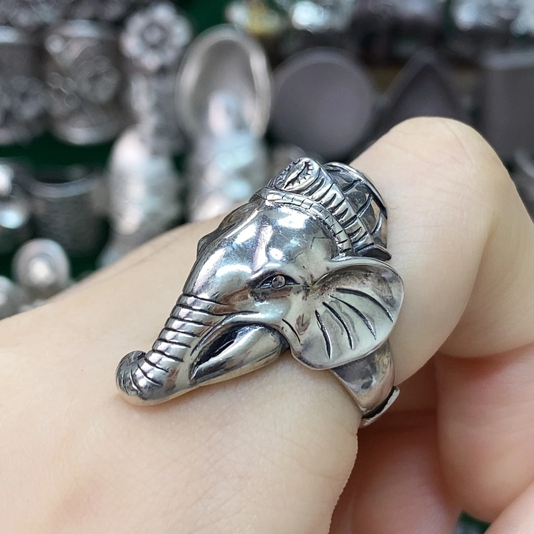 无合金925纯银泰银14-20可调节大象头戒指