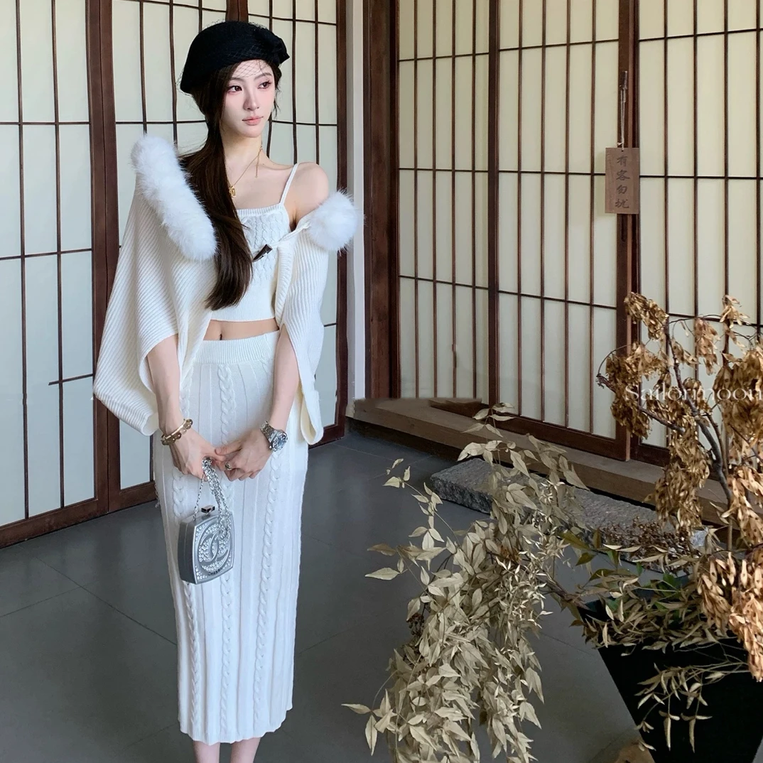 梦梦 MENGMENG｛昭和系 新款纯欲立体浮雕编织麻花吊带半裙套装}