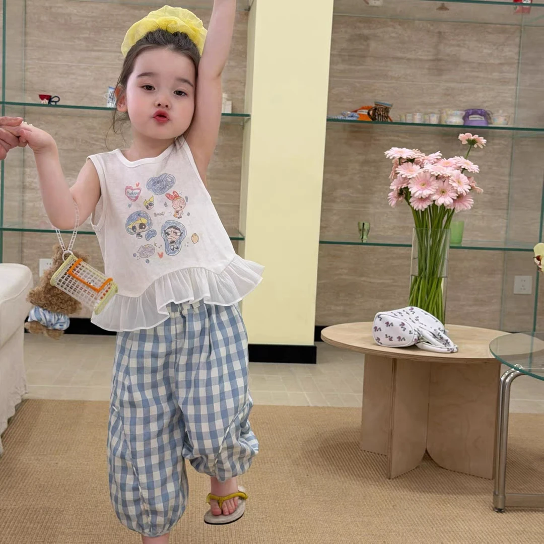 韩系女童飞天小女警套装2026夏季儿童荷叶边上衣蓝格灯笼裤两件套