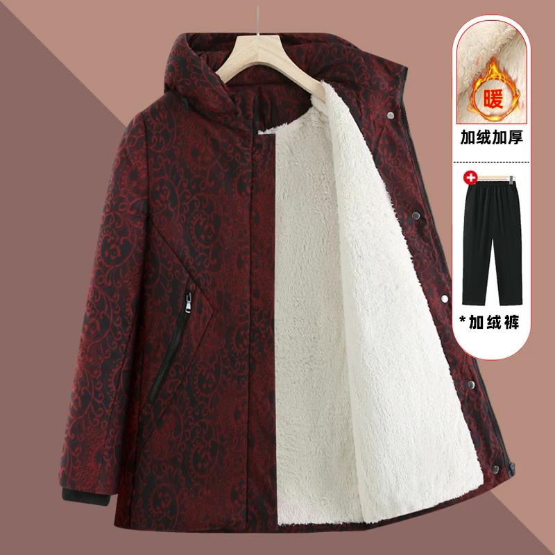中老年人冬装女士棉服奶奶连帽加绒加厚外套妈妈洋气保暖棉衣大码