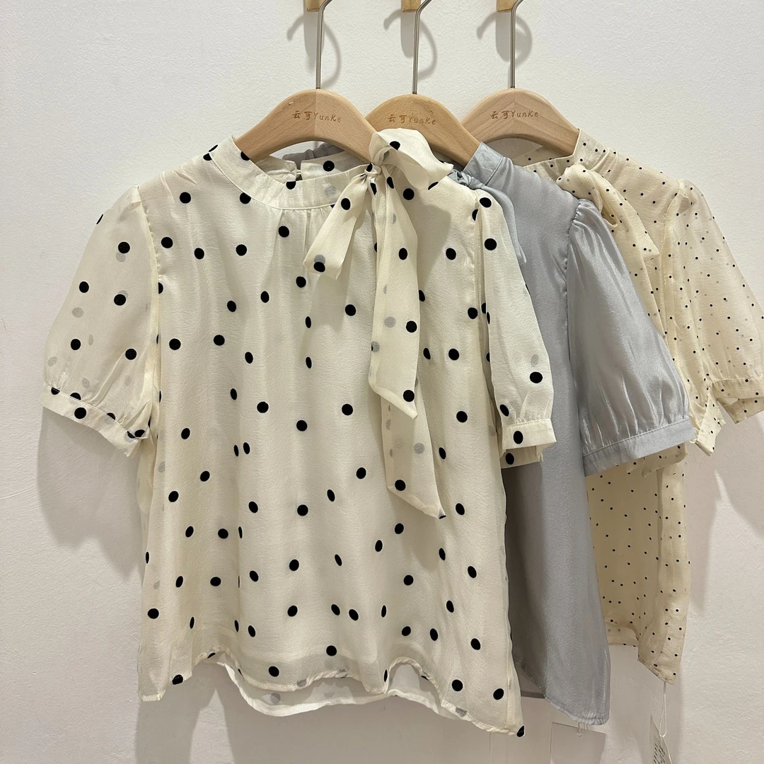 法式复古蝴蝶结波点短袖衬衫设计感通勤气质上衣