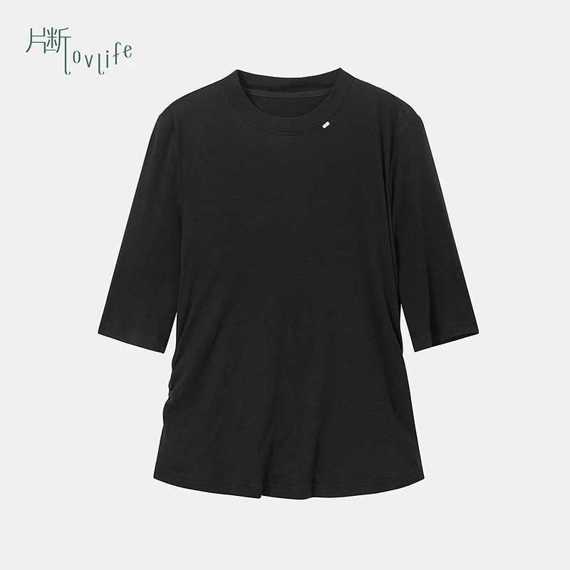 片断t恤女2025春季新款半高领五分袖抽褶设计休闲打底衫百搭上衣